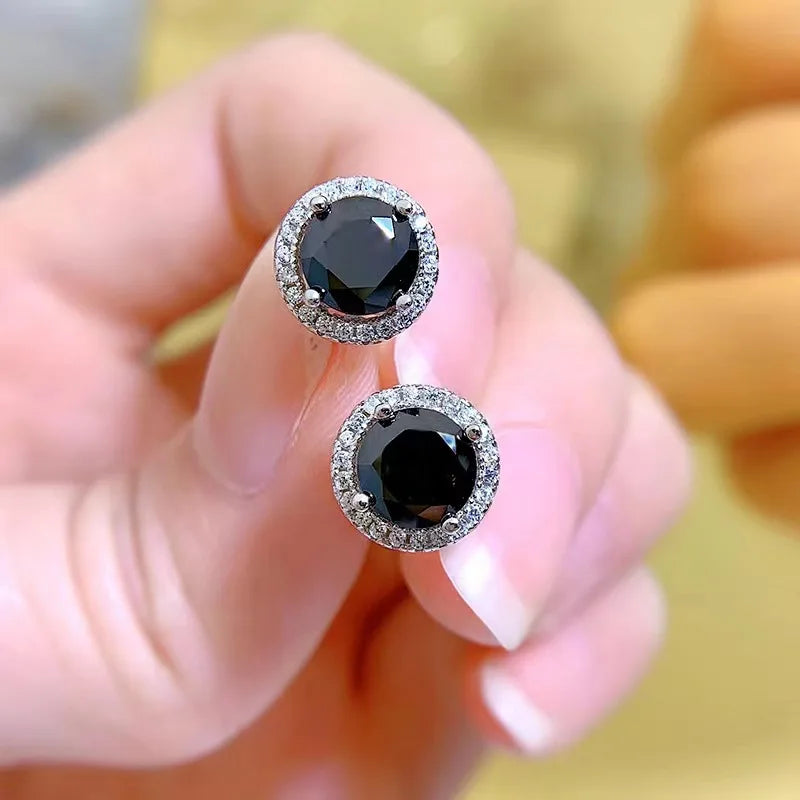 Sterling Silver 925 Moissanite Stud Earrings 0.5-1ct Black Round