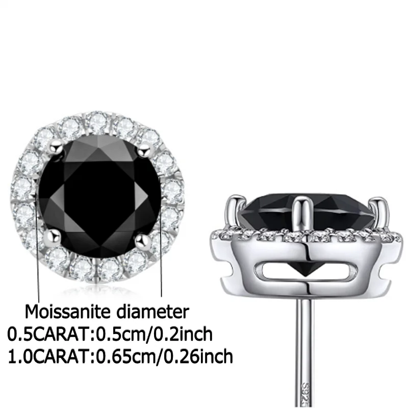 Sterling Silver 925 Moissanite Stud Earrings 0.5-1ct Black Round