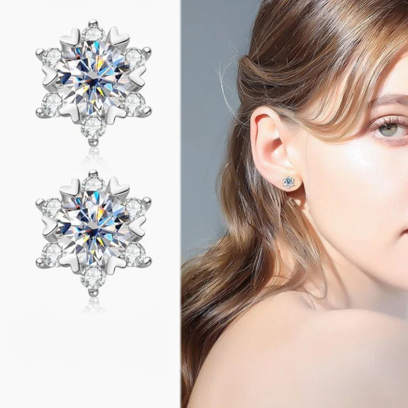 Sterling Silver Moissanite Snowflake Stud Earrings 6-Claw Valentines Gift