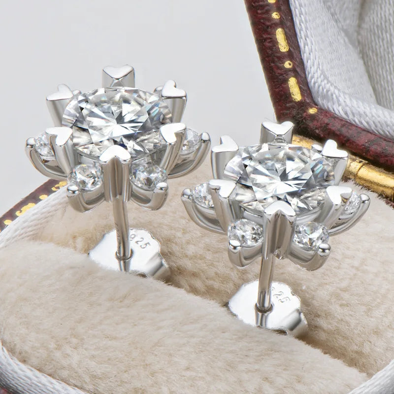 Sterling Silver S925 Moissanite Snowflake Stud Earrings 6-Claw Valentine's