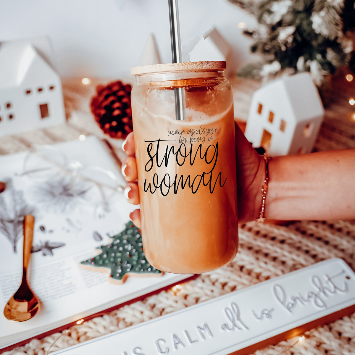 Strong Woman 17oz Glass Tumbler With Bamboo Lid And Stainless Straws - Gift