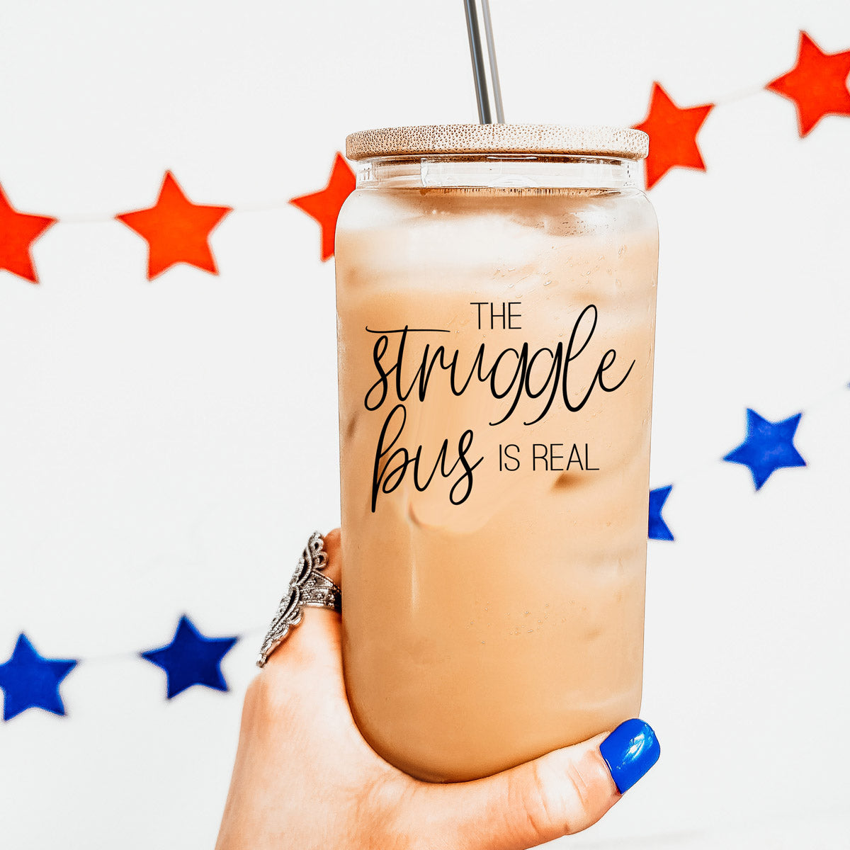 Struggle Bus 17oz Glass Tumbler Bamboo Lid 2 SS Straws and Cleaner Brush