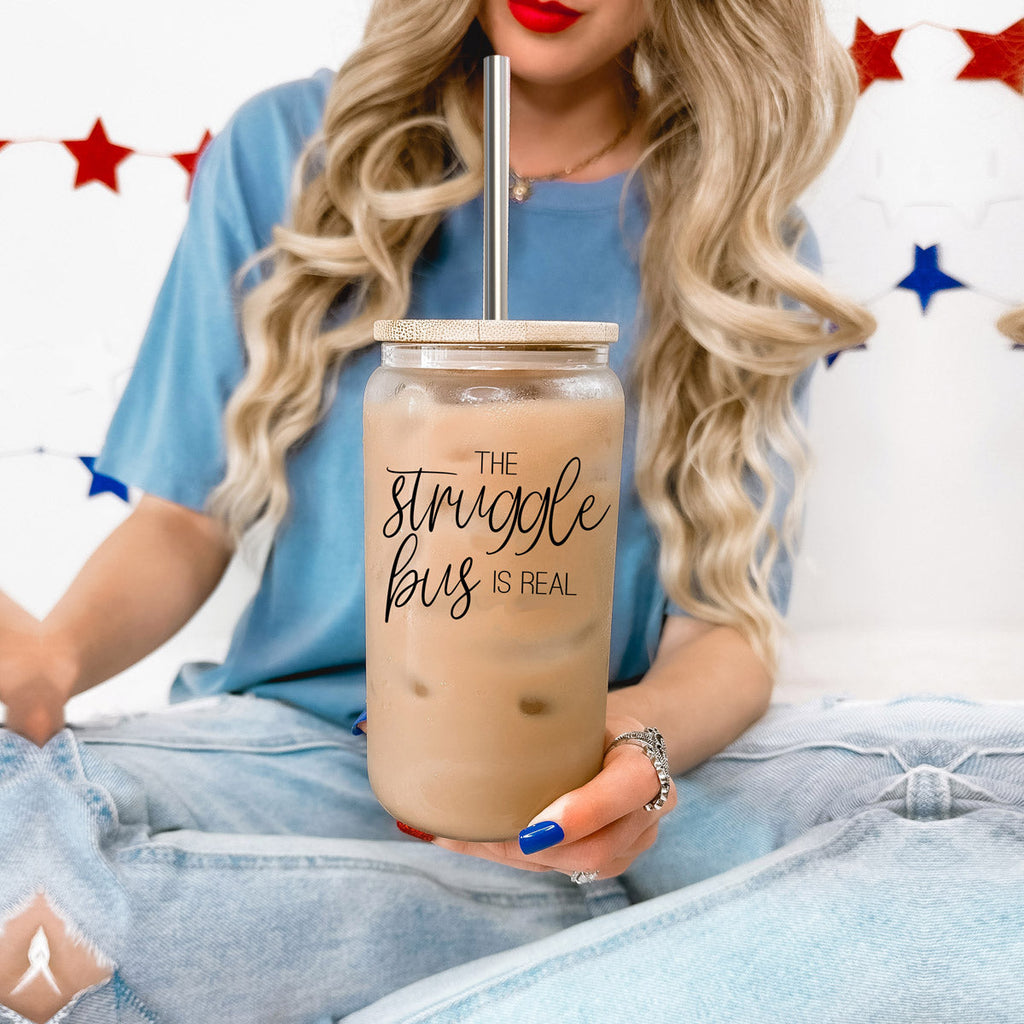 Struggle Bus 17oz Glass Tumbler Bamboo Lid 2 SS Straws and Cleaner Brush