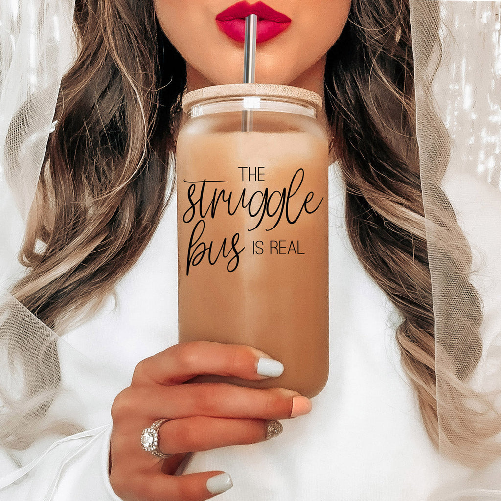 Struggle Bus 17oz Glass Tumbler Bamboo Lid 2 SS Straws and Cleaner Brush