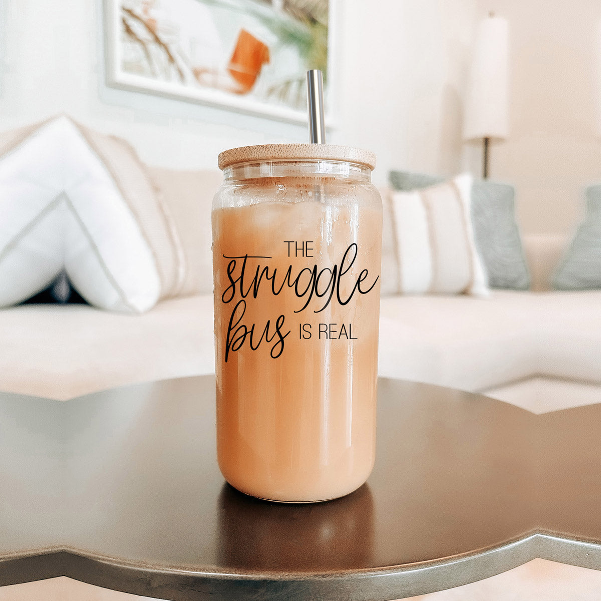 Struggle Bus 17oz Glass Tumbler Bamboo Lid 2 SS Straws and Cleaner Brush