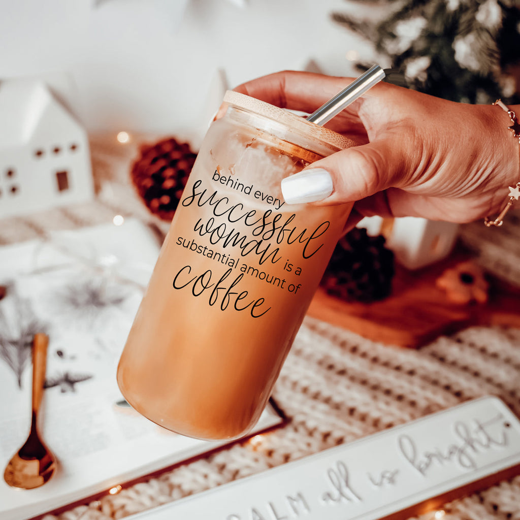 17oz Glass Tumbler Bamboo Lid Stainless Straws - Coffee Quote For Women