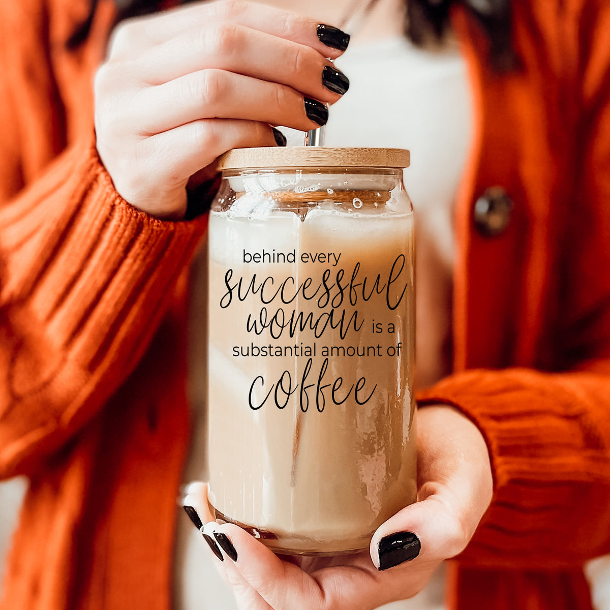 17oz Glass Tumbler Bamboo Lid Stainless Straws - Coffee Quote For Women