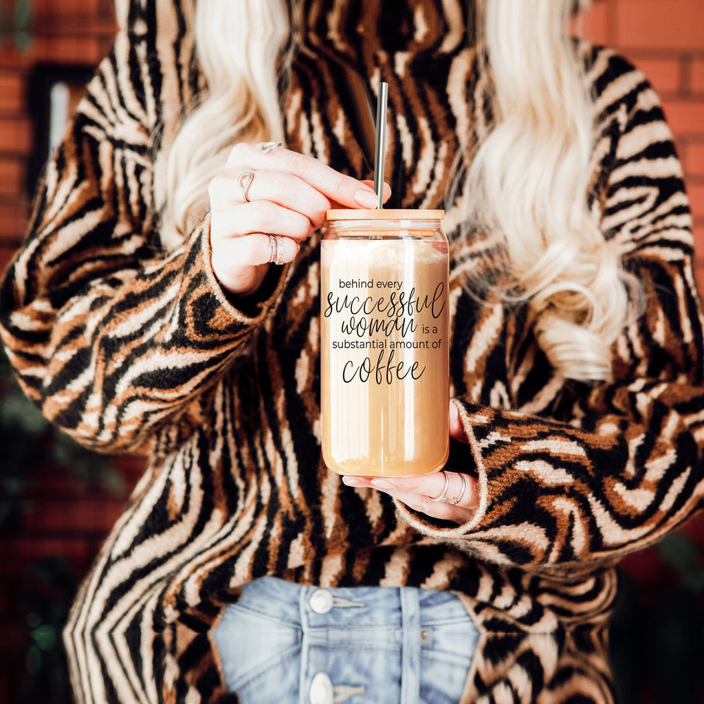 17oz Glass Tumbler Bamboo Lid Stainless Straws - Coffee Quote For Women