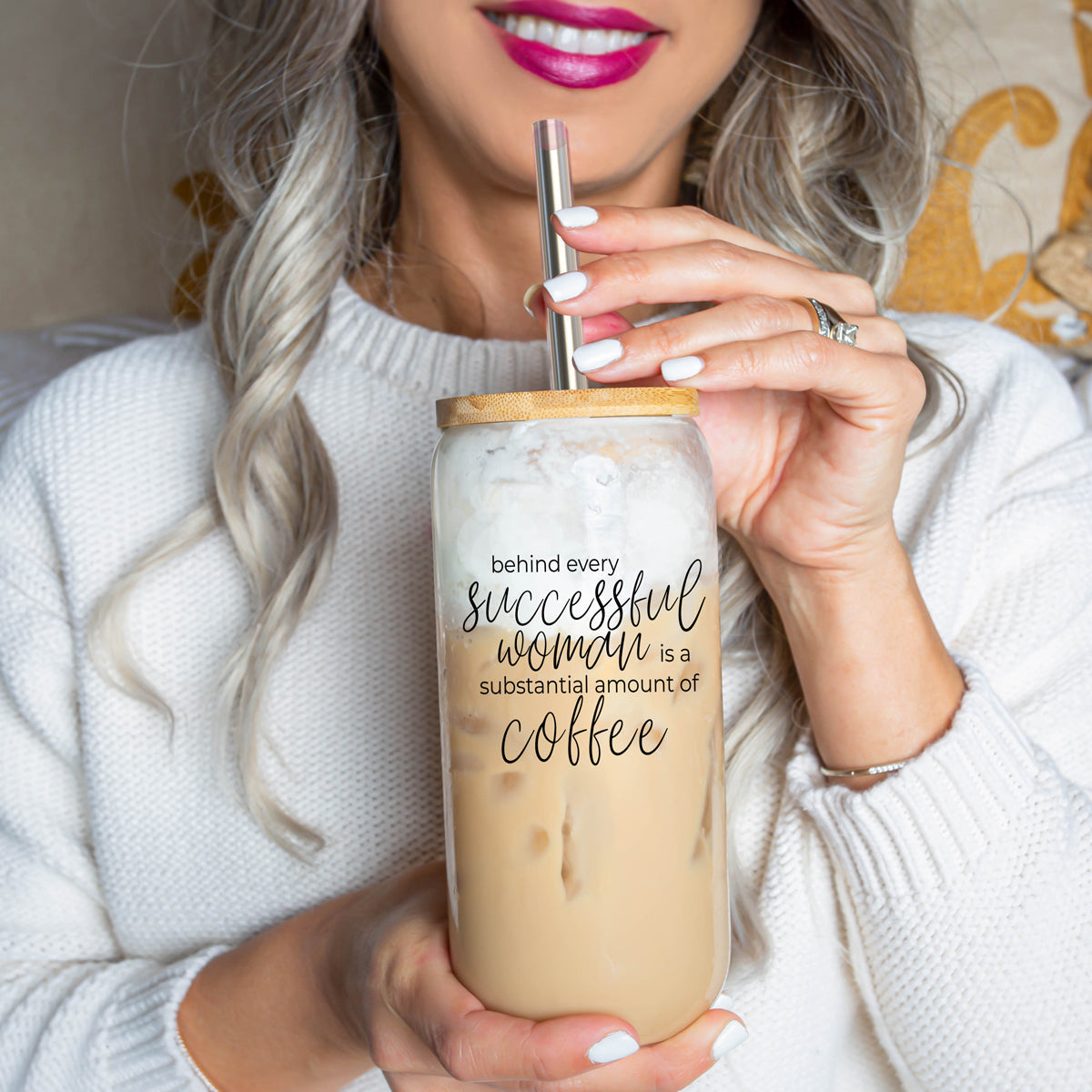17oz Glass Tumbler Bamboo Lid Stainless Straws - Coffee Quote For Women