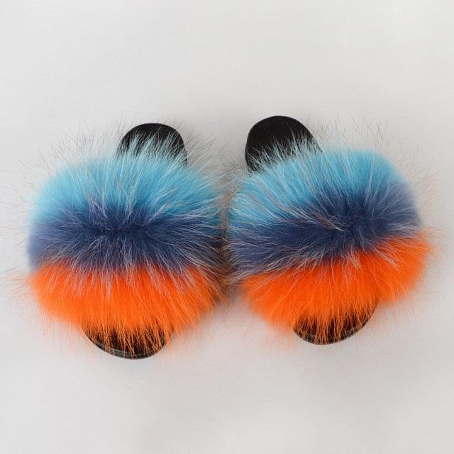 Summer Women Raccoon Fur Slippers Plush Slides Furry Sandals Fluffy House Shoes Girl's Cute Flip Flops Sandal With Soft Furry Faux Fox Fur House Outdoor Multicolor Slippers