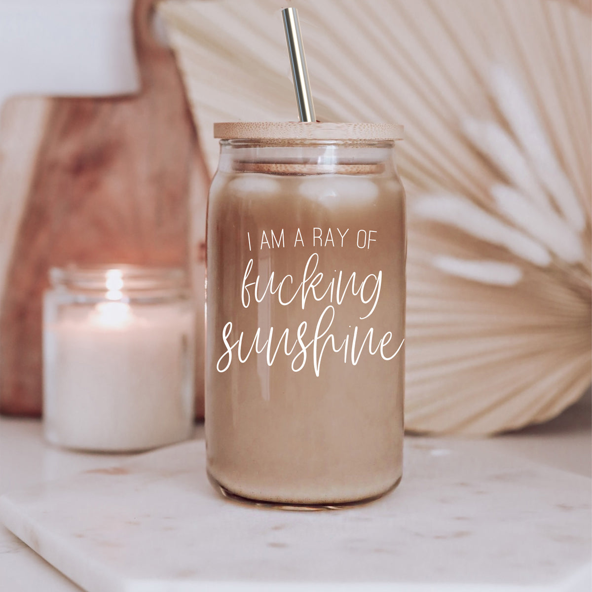 17oz Glass Tumbler With Bamboo Lid, 2 Stainless Straws and Cleaner, Sassy