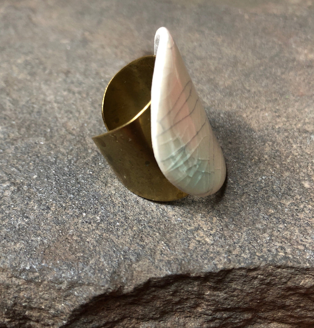 Teal Ceramic Adjustable Cocktail Statement Wide Band Ring