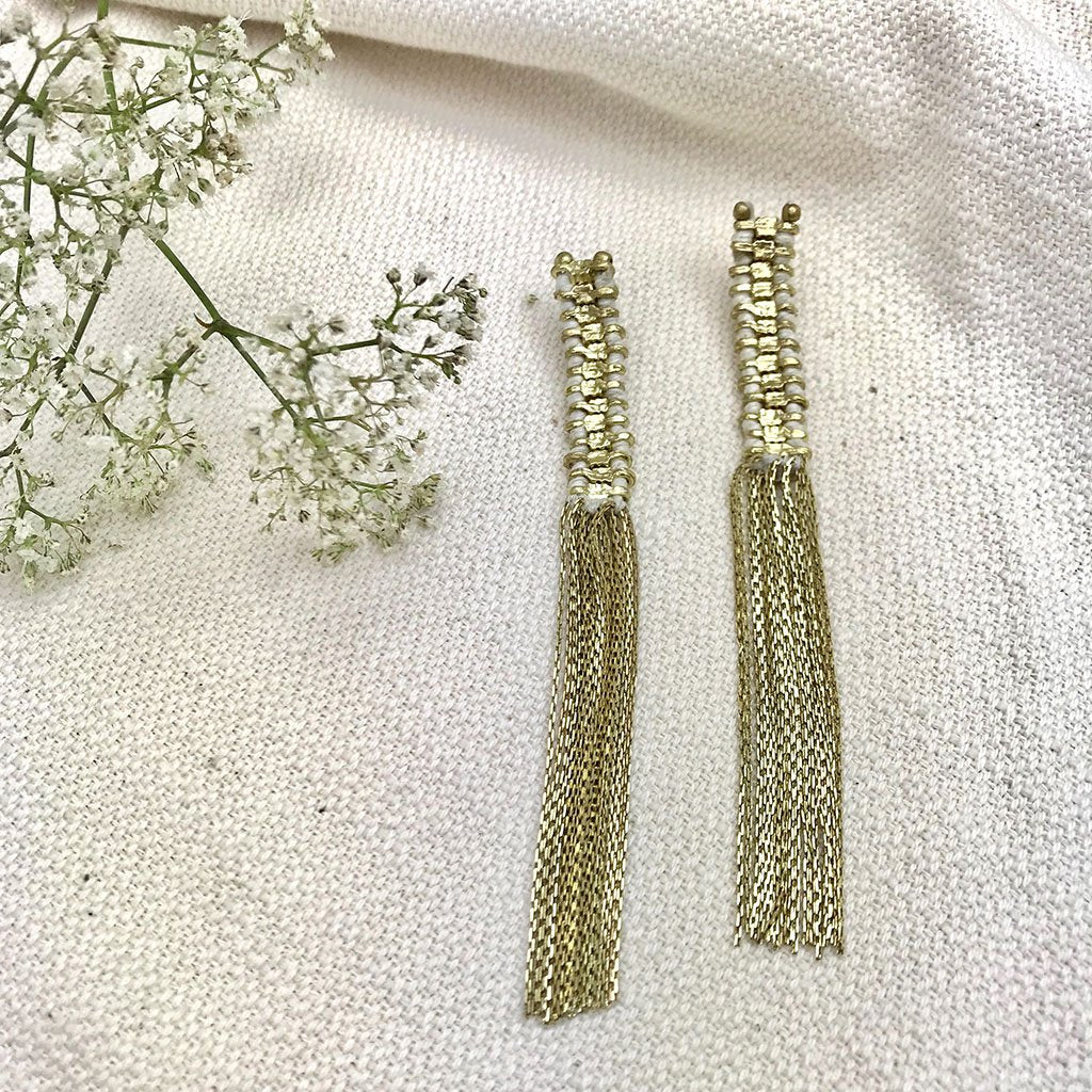 Temple Tassel Earrings Boho Indian Statement Cotton Thread Zinc Alloy 4.5in