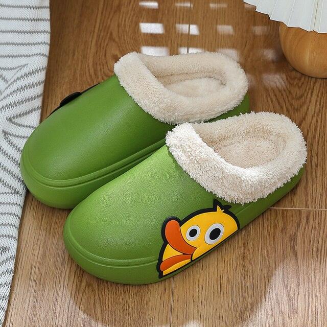 Thick Platform Winter Women Waterproof Non-Slip Home Rubber Slippers Warm Indoor Fur Cotton Women's Cozy Memory Foam Closed Back Slippers Wool-Like Blend Cotton House Shoes