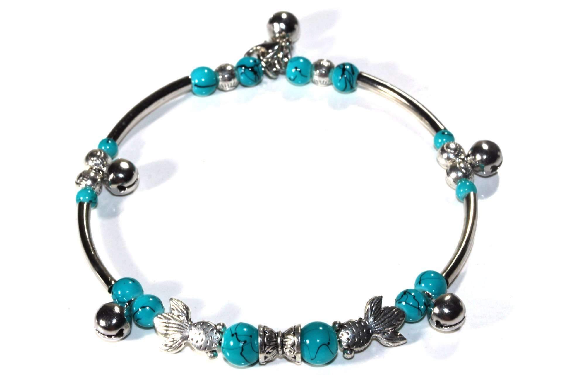 Turquoise Fish Charm Beaded Bracelet Adjustable Boho