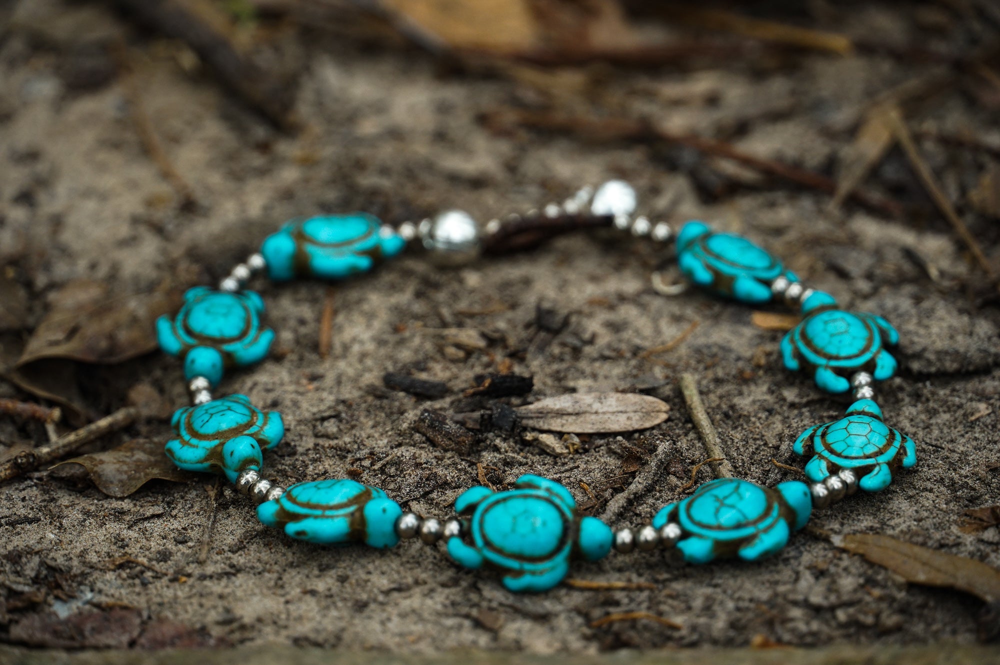 Turquoise Turtle Boho Silver Anklet Beachy Adjustable