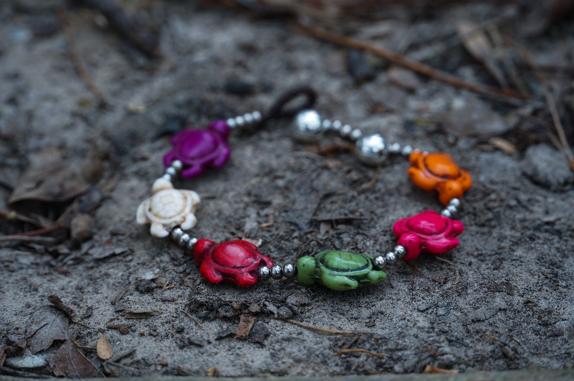 Turquoise Turtle Bracelet With Silver Beads Boho Adjustable