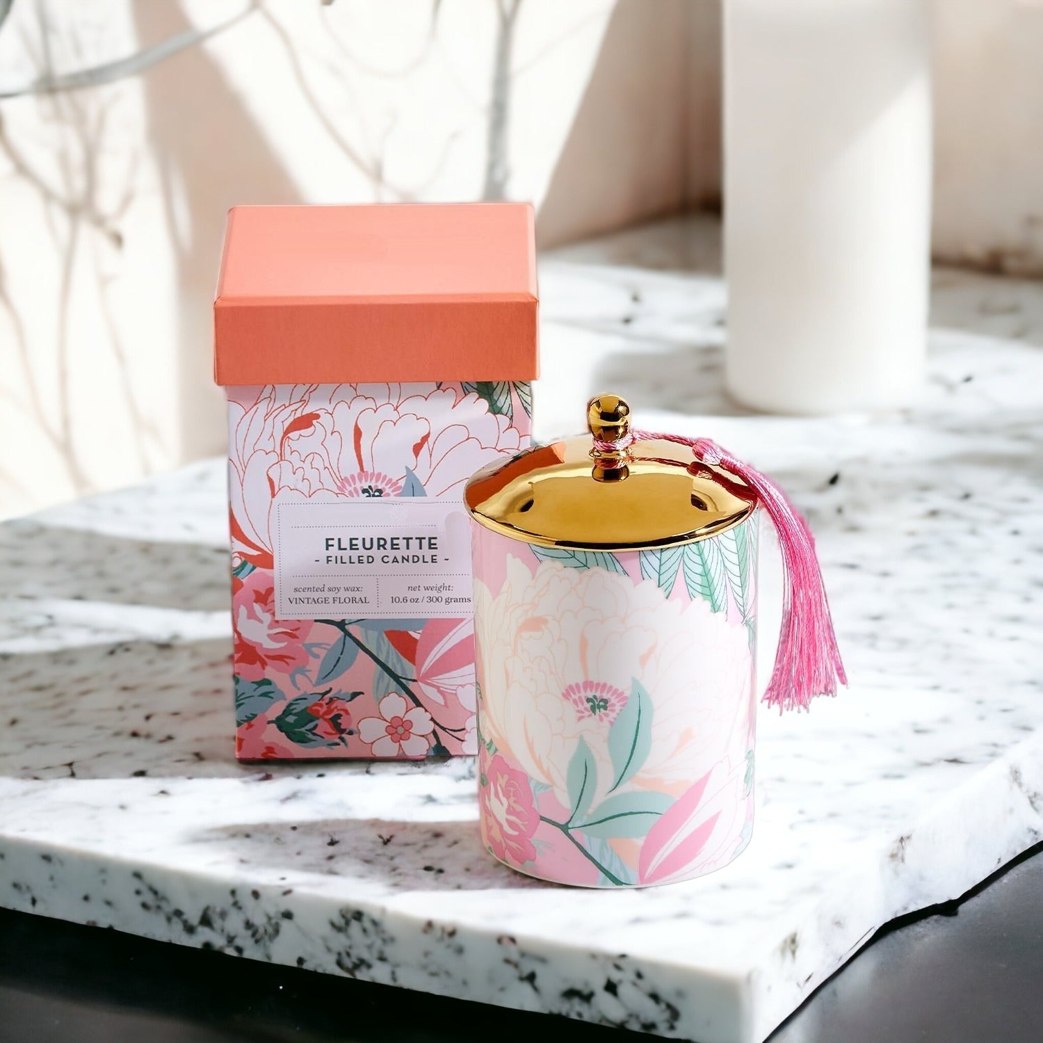 Vintage Floral Scented Soy Candle 10.6oz Porcelain Jar Gold Lid Gift Box