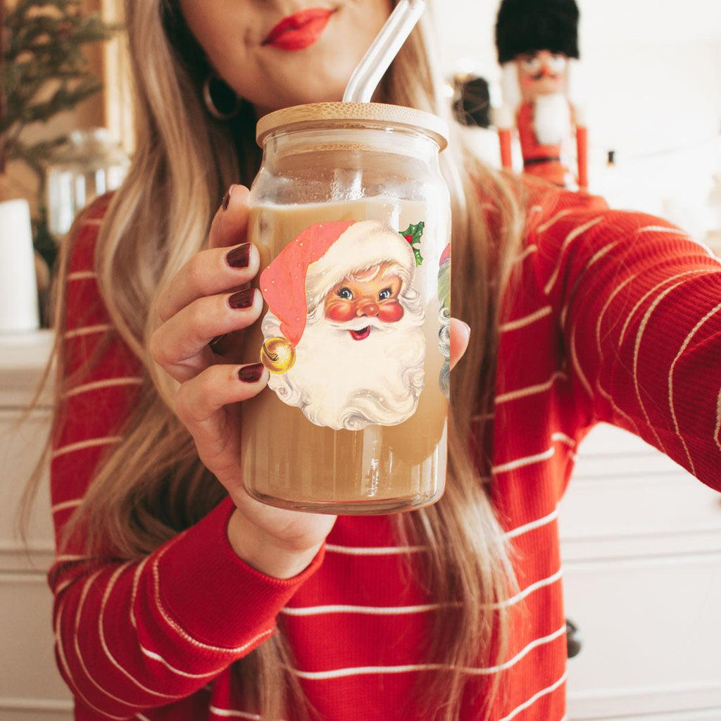 Vintage Santa Cheers 17oz Ceramic Holiday Mug - Retro Santa Heads Cocoa Cup