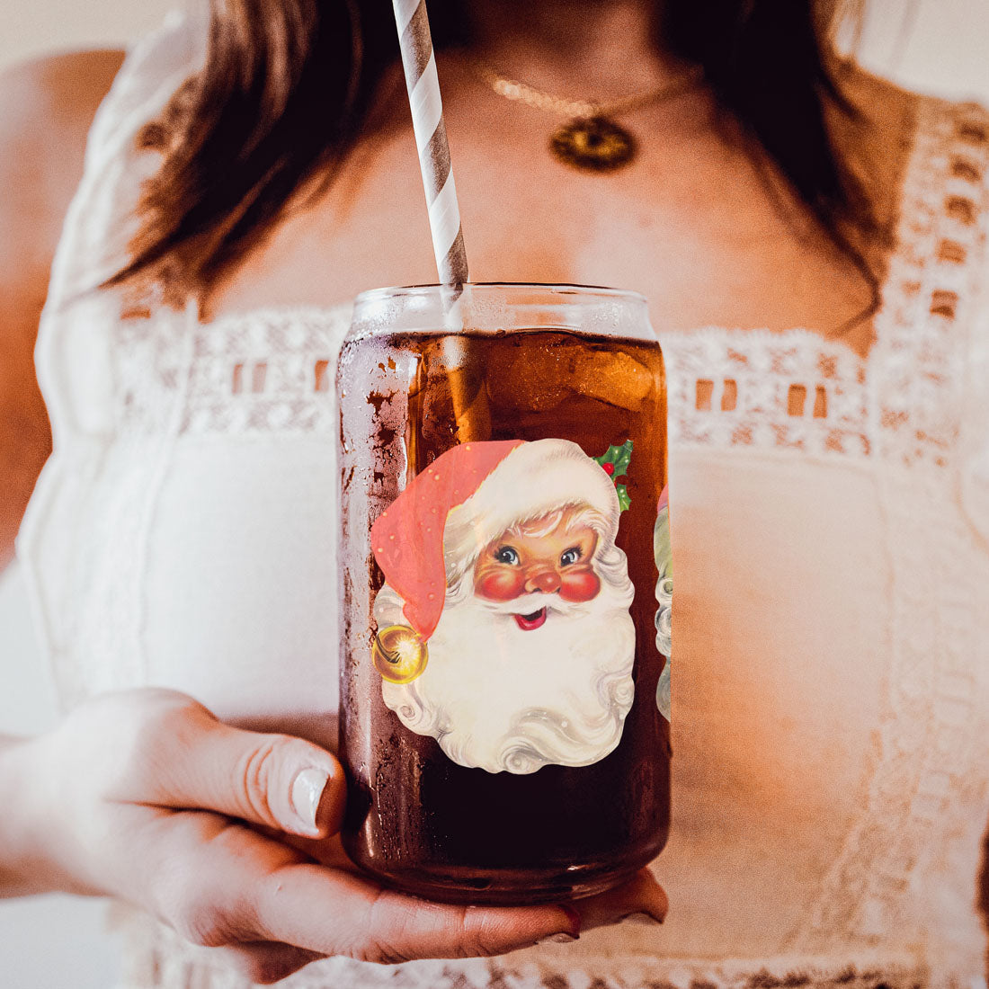 Vintage Santa Cheers 17oz Ceramic Holiday Mug - Retro Santa Heads Cocoa Cup
