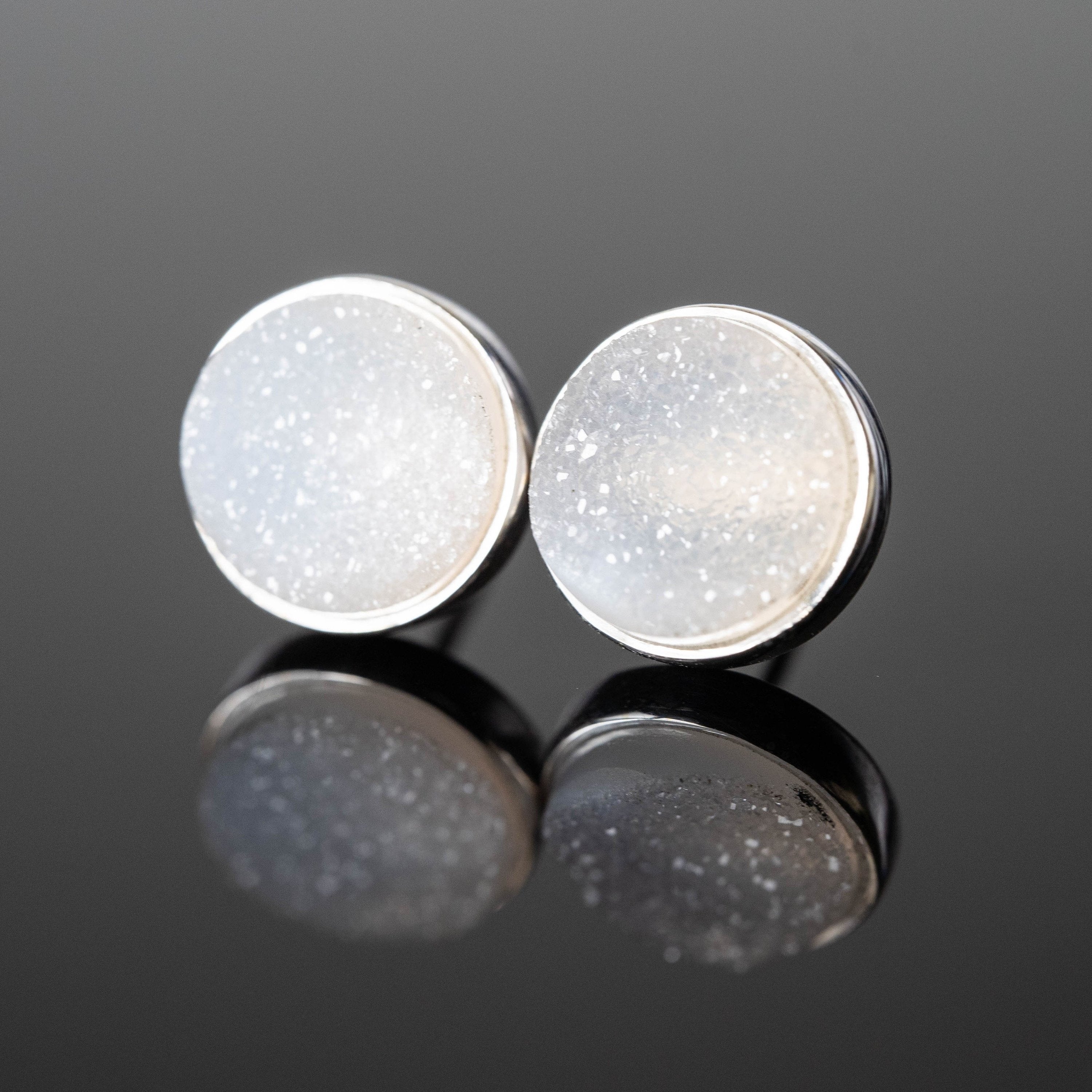 White Druzy Round Stud Earrings Sterling Silver Post