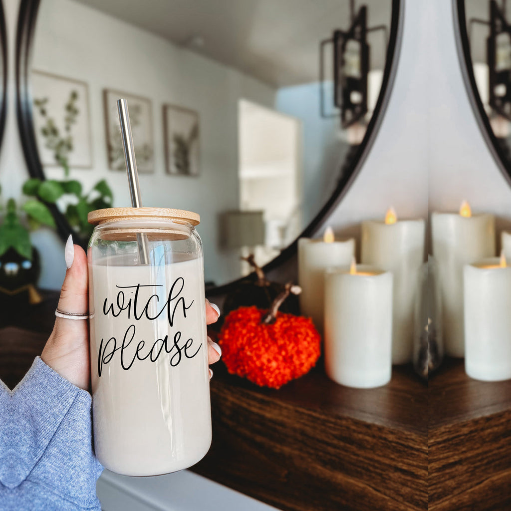 Witch Please 17oz Glass Tumbler With Bamboo Lid Stainless Straws And Cleaner