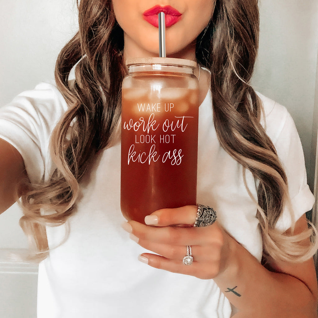 Wake Up Look Hot 17oz Glass Tumbler With Bamboo Lid - Motivational Coffee Cup