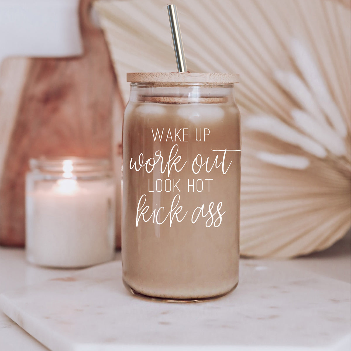 Wake Up Look Hot 17oz Glass Tumbler With Bamboo Lid - Motivational Coffee Cup