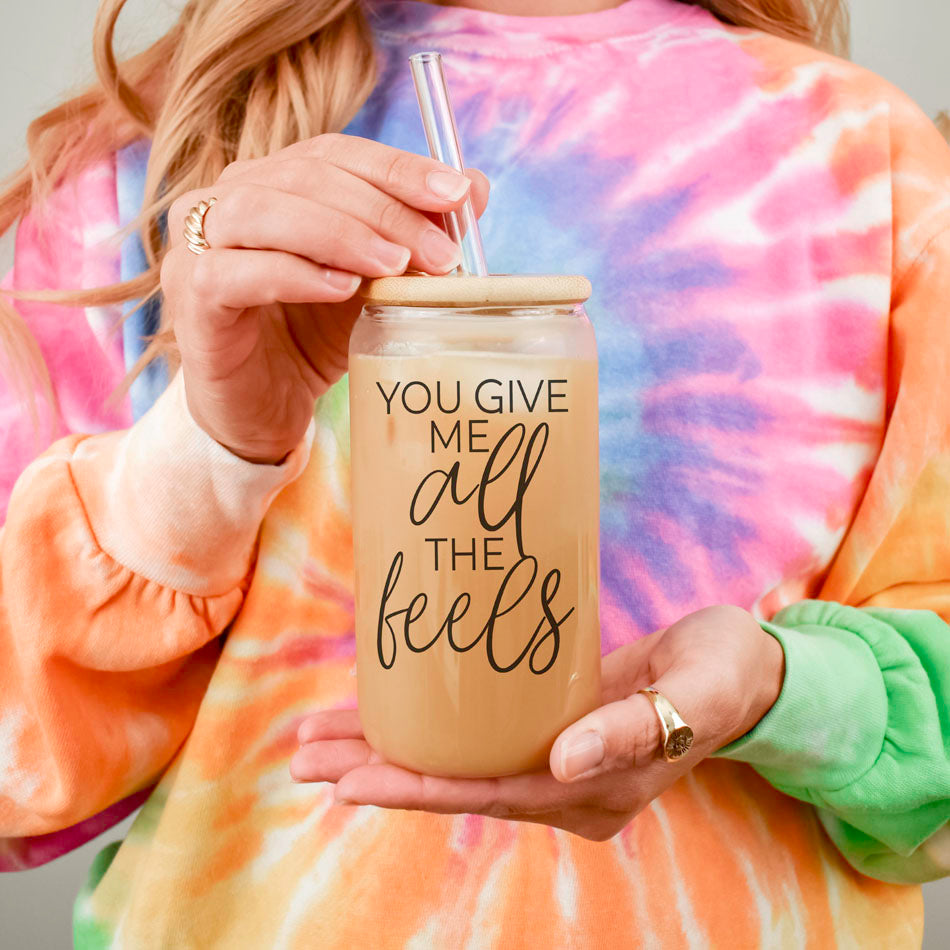 You Give Me All The Feels 20oz Glass Cup With Bamboo Lid Cute Gift
